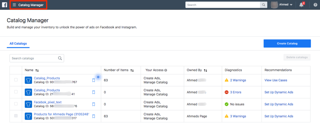 Facebook Catalog Manager Page