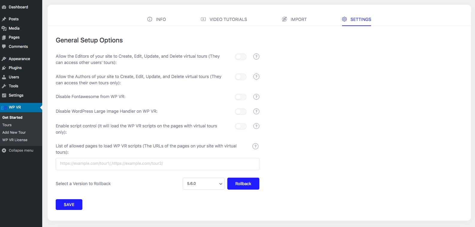 WP VR General Setup Options