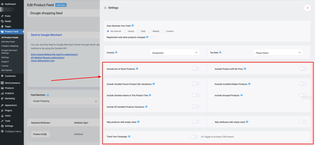 Feed settings drawer