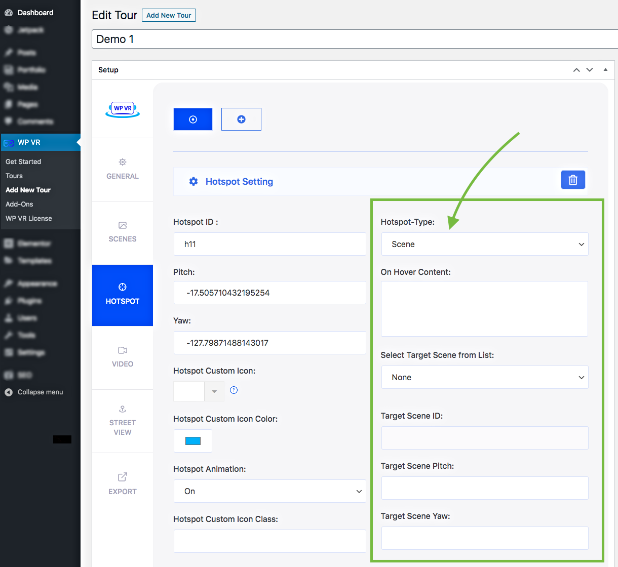 Scene type hotspot selected