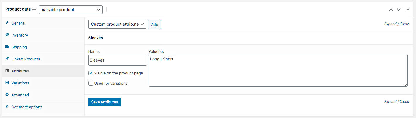 Custom Product Attributes - Sleeves