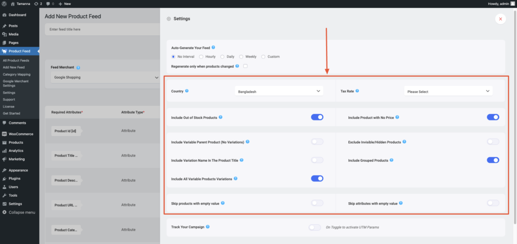 Settings options