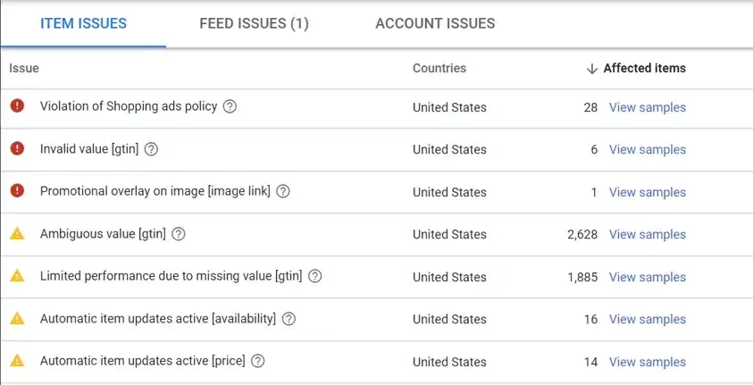 Google merchant center item issues