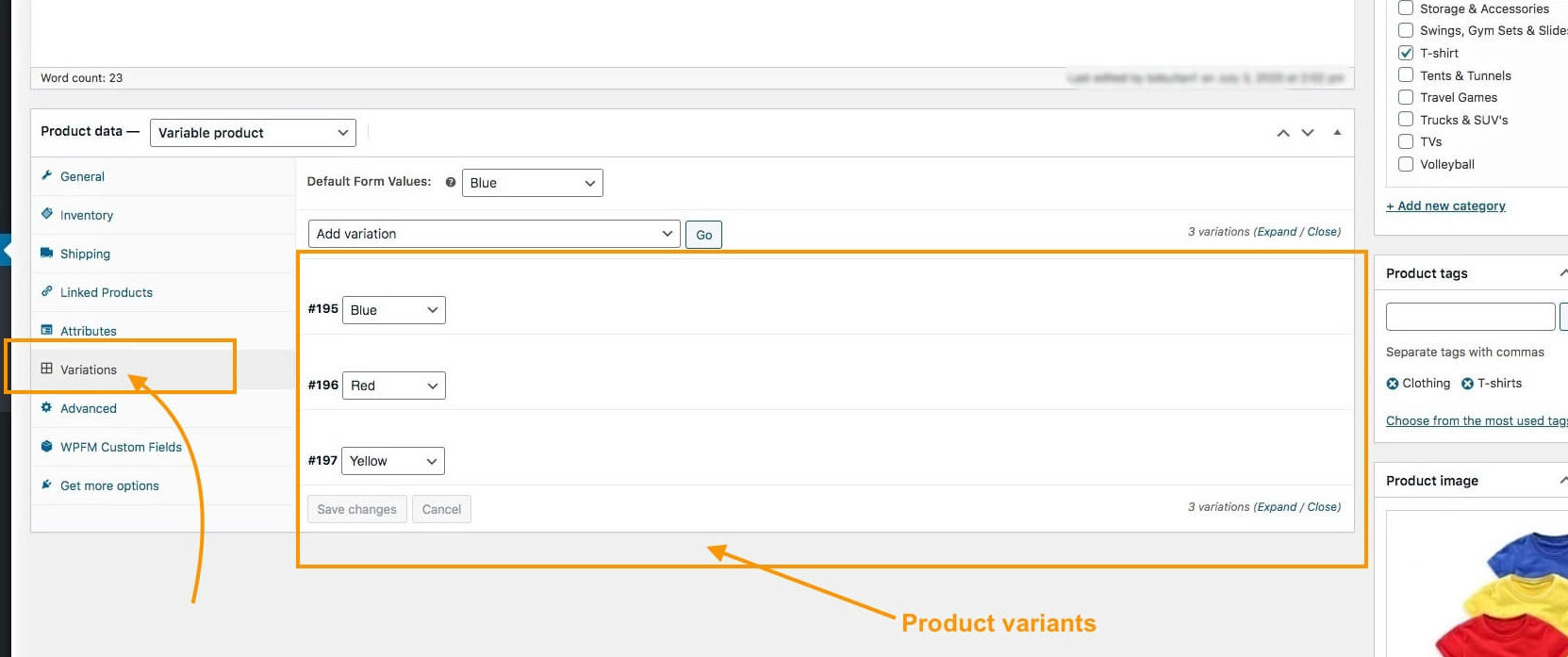 Product data variations - variants