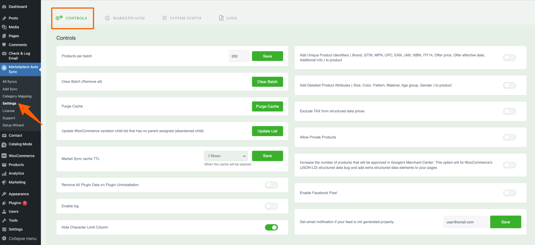 Marketplace Auto Sync  - Controls tab