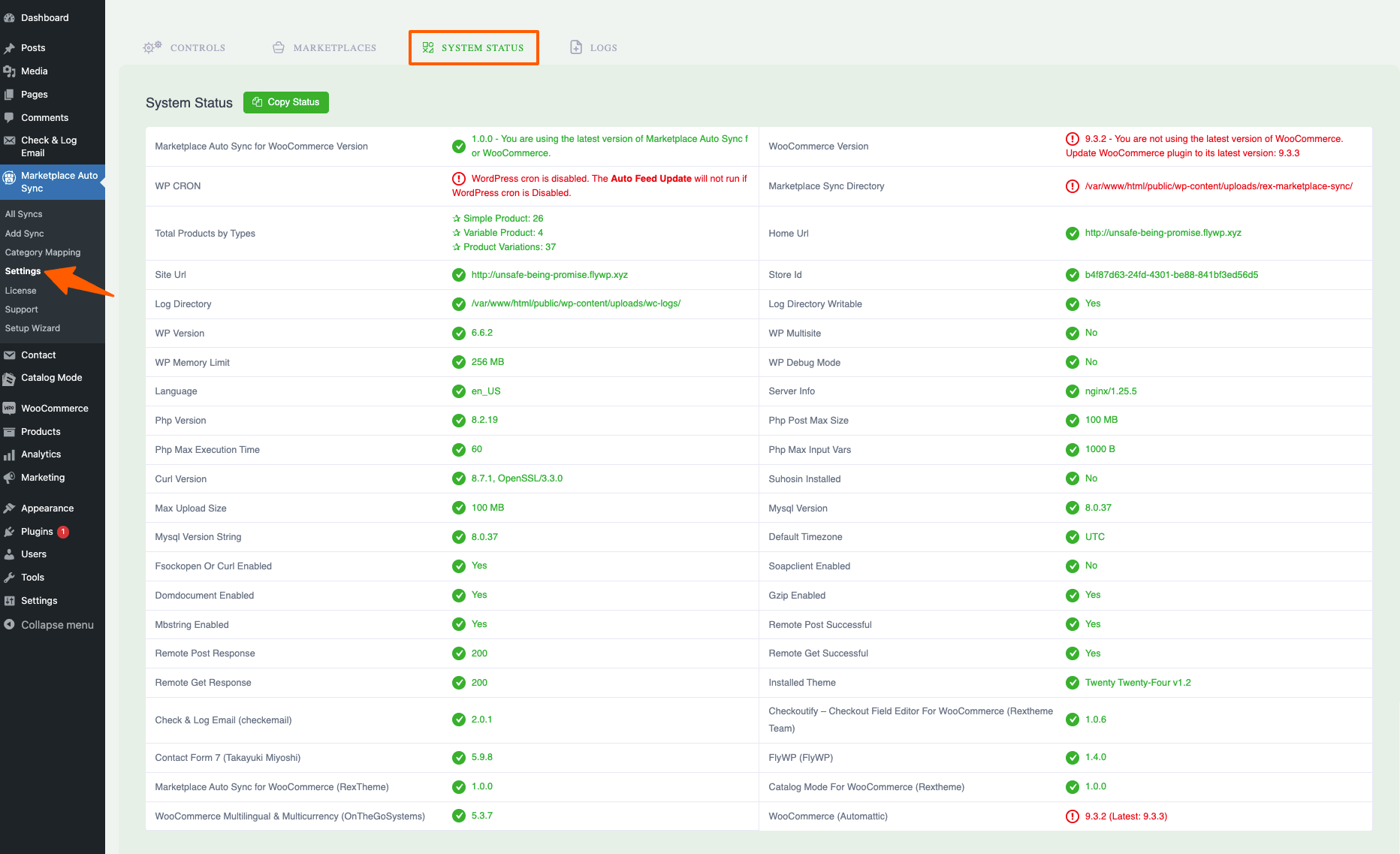 Marketplace Auto Sync  - System status
